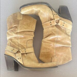 Cowboy Boots Destroy Western Tan Camel Leather Boots Pointed Toe Sz 41